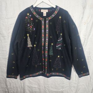 BECHAMEL sz XL Black Christma Tree Embroidered zip Front Cardigan Ugly Sweater